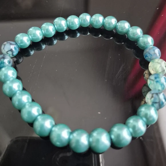 Handmade Turqouise Pearls with Natural Dragon Stone Vein Agate! - Picture 2 of 5